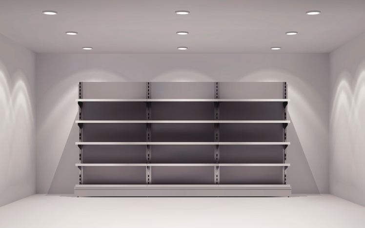 Realistic 3d store interior with empty shelves in lamp spotlights background vector illustration
